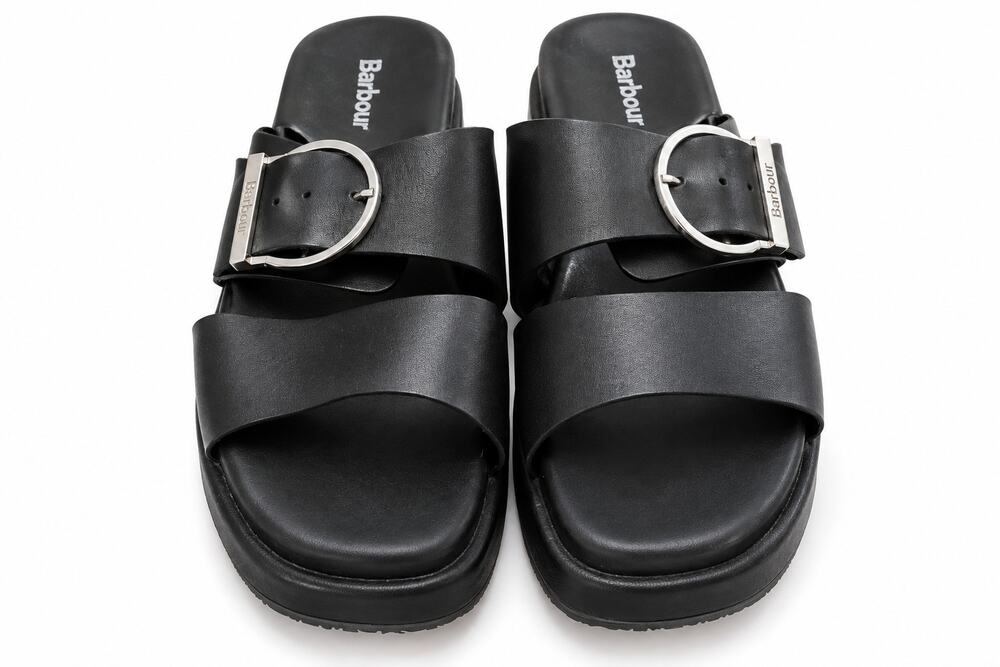 Barbour Black Leather Double Strap Buckle Slide Sandals Women’s Size 6